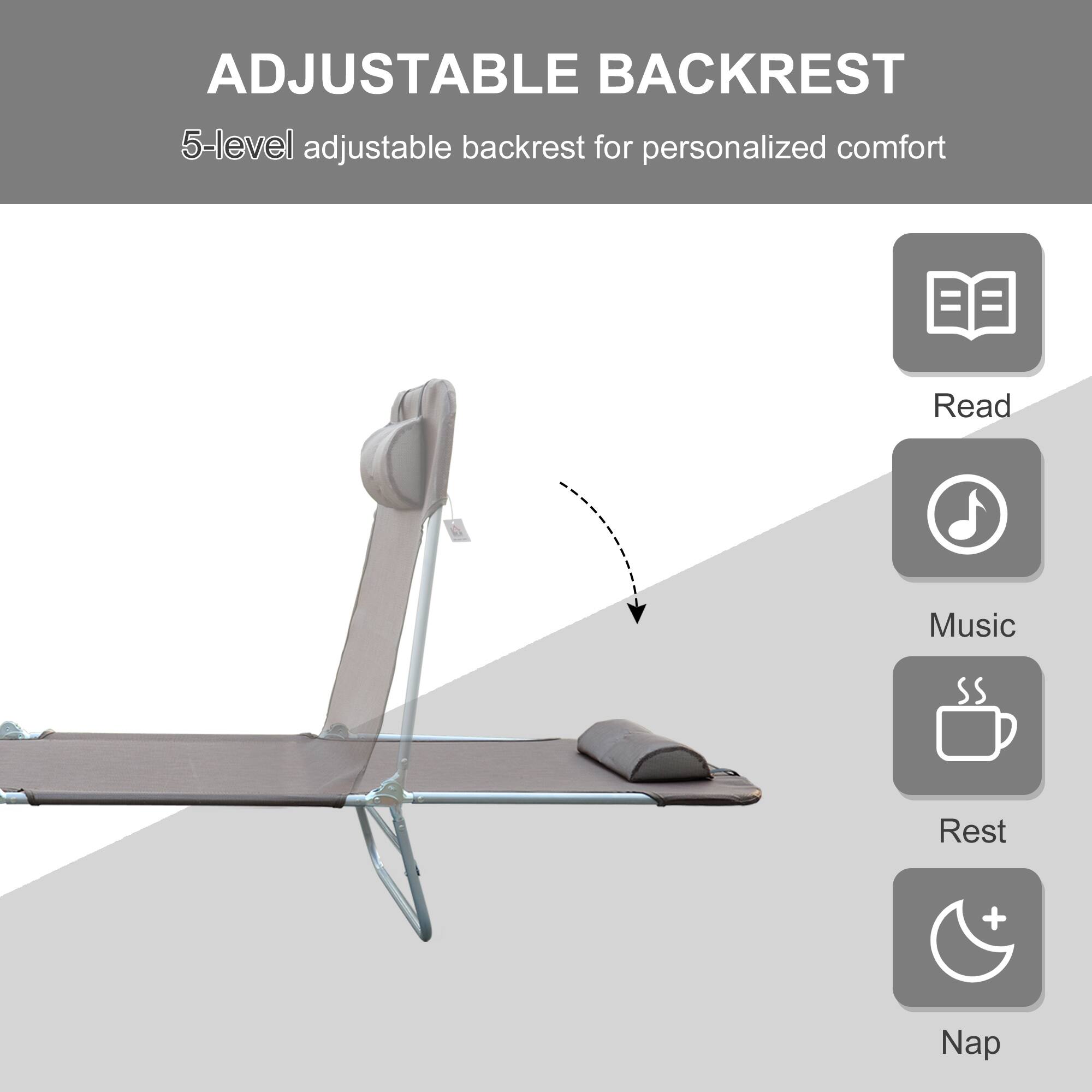 ADJUSTABLE BACKREST  
5-level adjustable backrest for personalized comfort  

Read  
Music  
Rest  
Nap