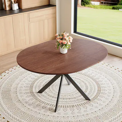 Front. Loheer - Loheer- Extendable Round Dining Table 3.58 to 4.5 ft Space Saving Metal Legs 4 to 6 Seater for Small Apartment - Walnut.