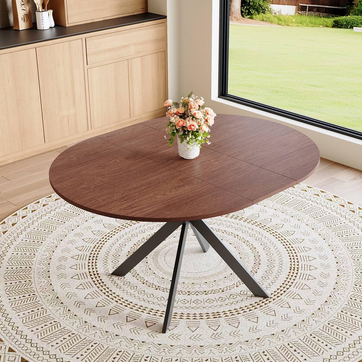 Front. Loheer - Loheer- Extendable Round Dining Table 3.58 to 4.5 ft Space Saving Metal Legs 4 to 6 Seater for Small Apartment - Walnut.