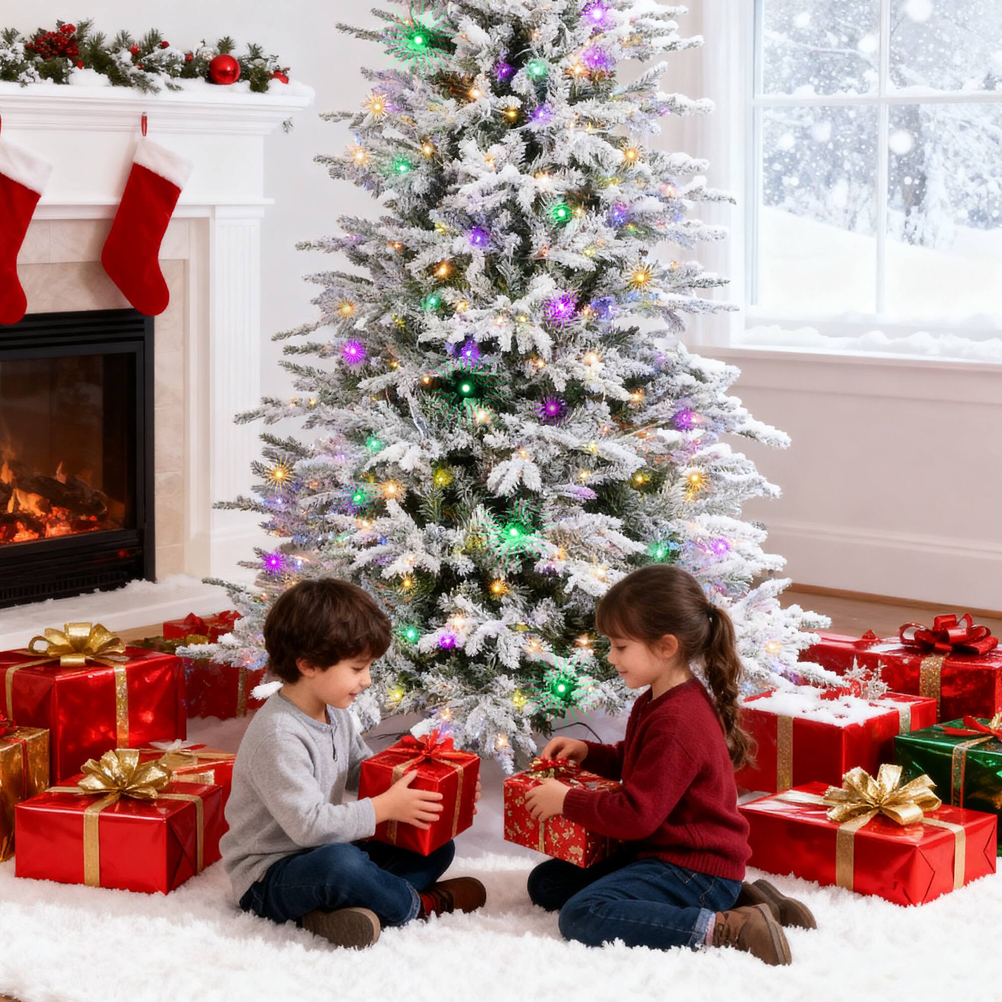 Alt View 6. Sugift - 6 ft Pre-Lit Snow-Flocked Aspen Artificial Christmas Tree with 300 Color LED Lights - Green.