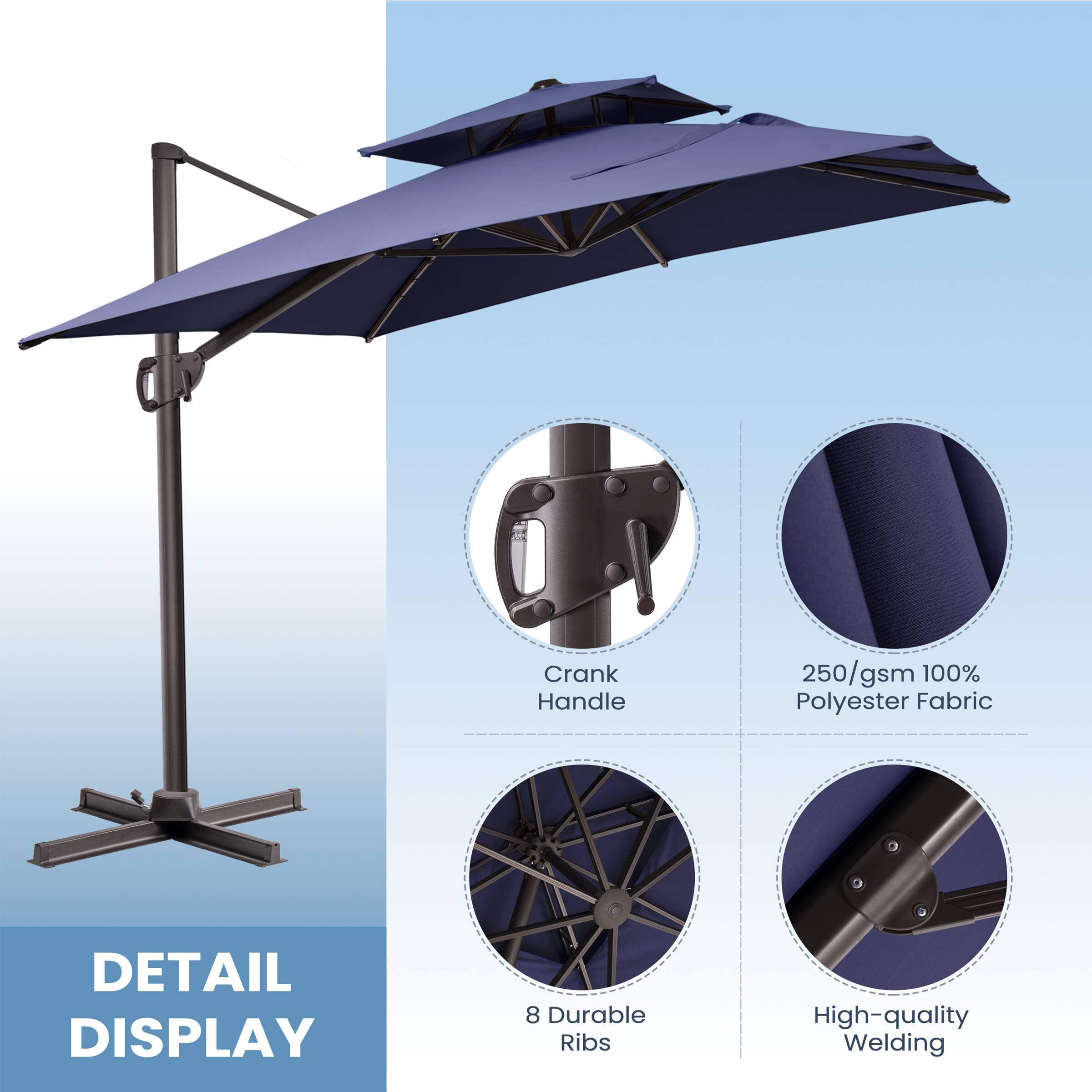 - Crank Handle
- 250/gsm 100% Polyester Fabric
- 8 Durable Ribs
- High-quality Welding