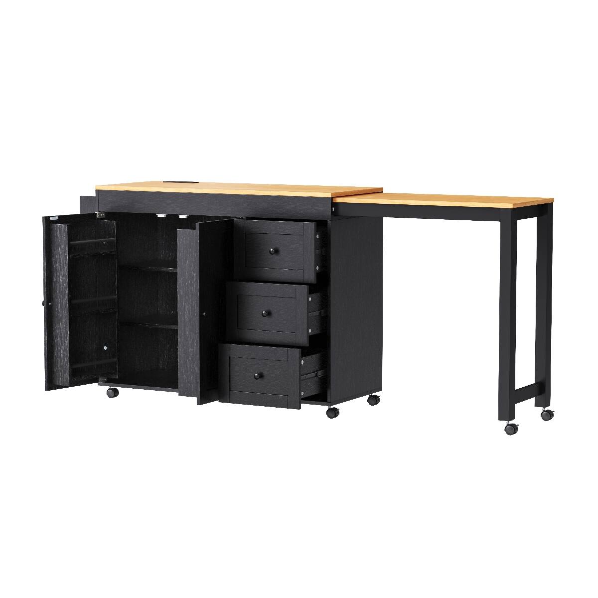 Left. Loheer - Loheer Black Kitchen Island with Extendable Dining Table, Rolling Kitchen Cart with Power Outlet, 74.8" MDF - Black.