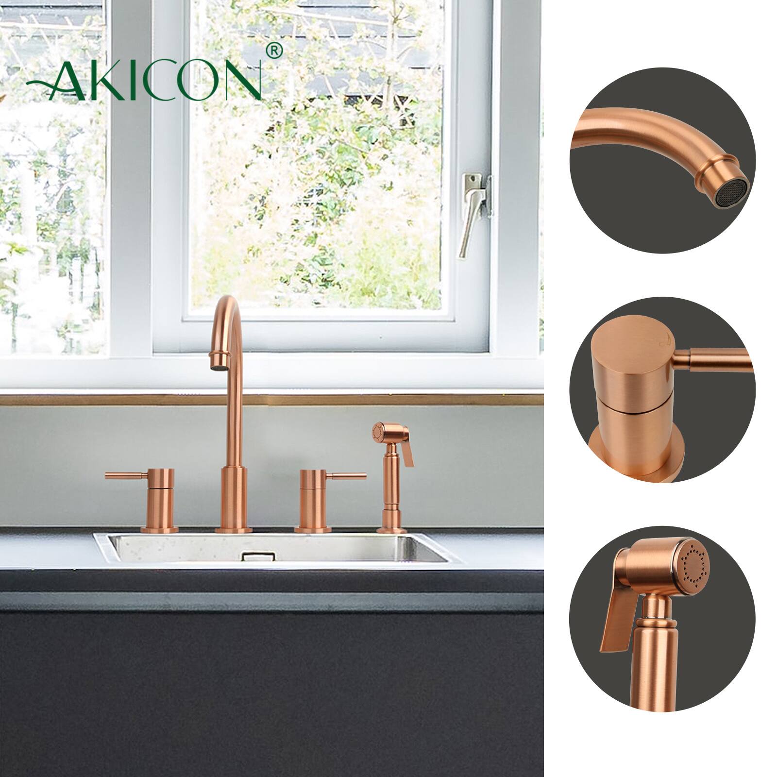 Alt View 2. Akicon - Akicon Solid Brass Double-Handle 360° Swivel Widespread Kitchen Faucet with Side Sprayer in Copper - Copper.
