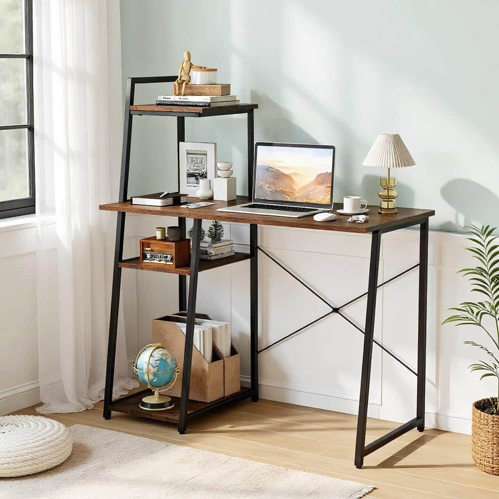 Kadyn - Compact Computer Desk Workstation with 4 Tier Shelves for Home and Office- Home Office Desks, Computer Desks - Brown