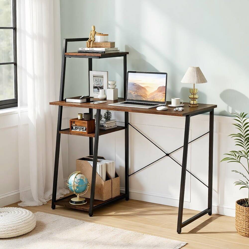 Front. Kadyn - Compact Computer Desk Workstation with 4 Tier Shelves for Home and Office-Brown, Home Office Desks,  Computer Desks - Brown.