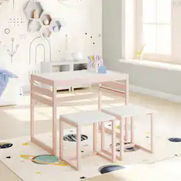 Aukfa - 3-Piece Kids Activity Table Set - Adjustable Height Table & Chairs, Solid Wood, 31"W Table & 14"W Stools, 60lb Capacity - Pink