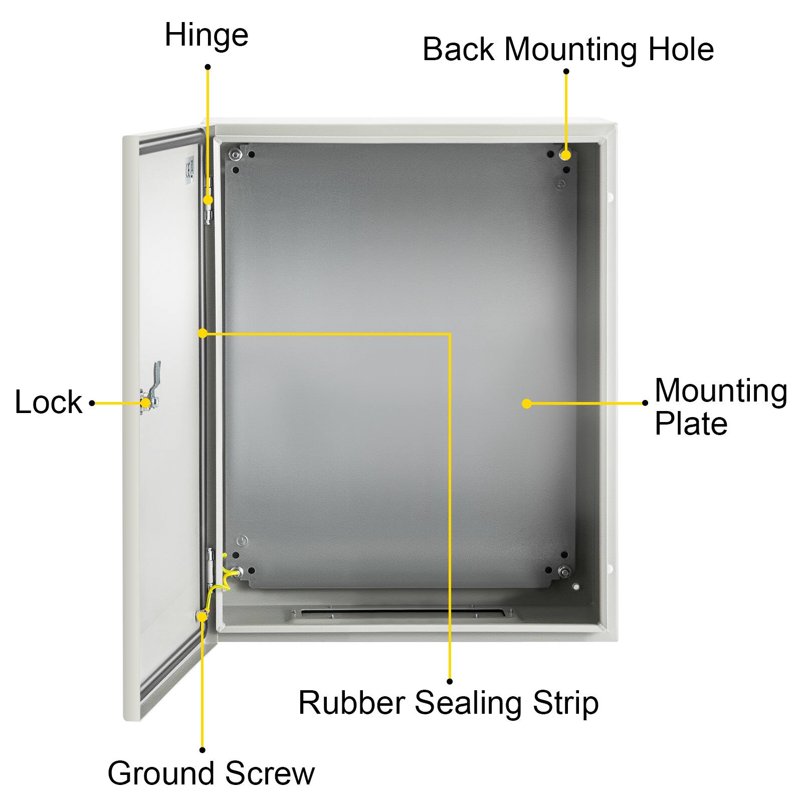 Hinge  
Back Mounting Hole  
Lock  
Mounting Plate  
Rubber Sealing Strip  
Ground Screw