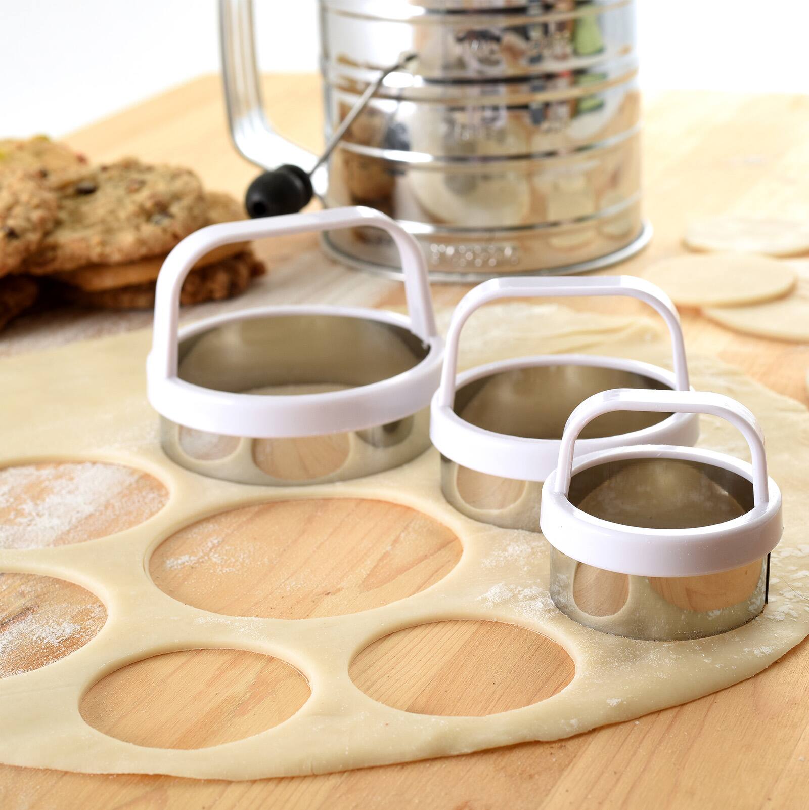 Alt View 5. Norpro - Biscuit/Cookie Cutters, Set of 3 – Stainless Steel, Round, Fluted & Straight Edge - Silver.