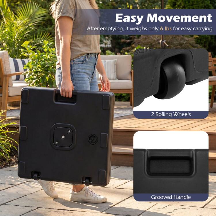Easy Movement  
After emptying, it weighs only 6 lbs for easy carrying  
2 Rolling Wheels  
Grooved Handle