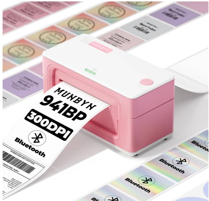 MUNBYN - Bluetooth Thermal Label Printer 941BP, 300DPI Wireless 4x6 Shipping USB & Bluetooth, iOS & Android Support - Pink