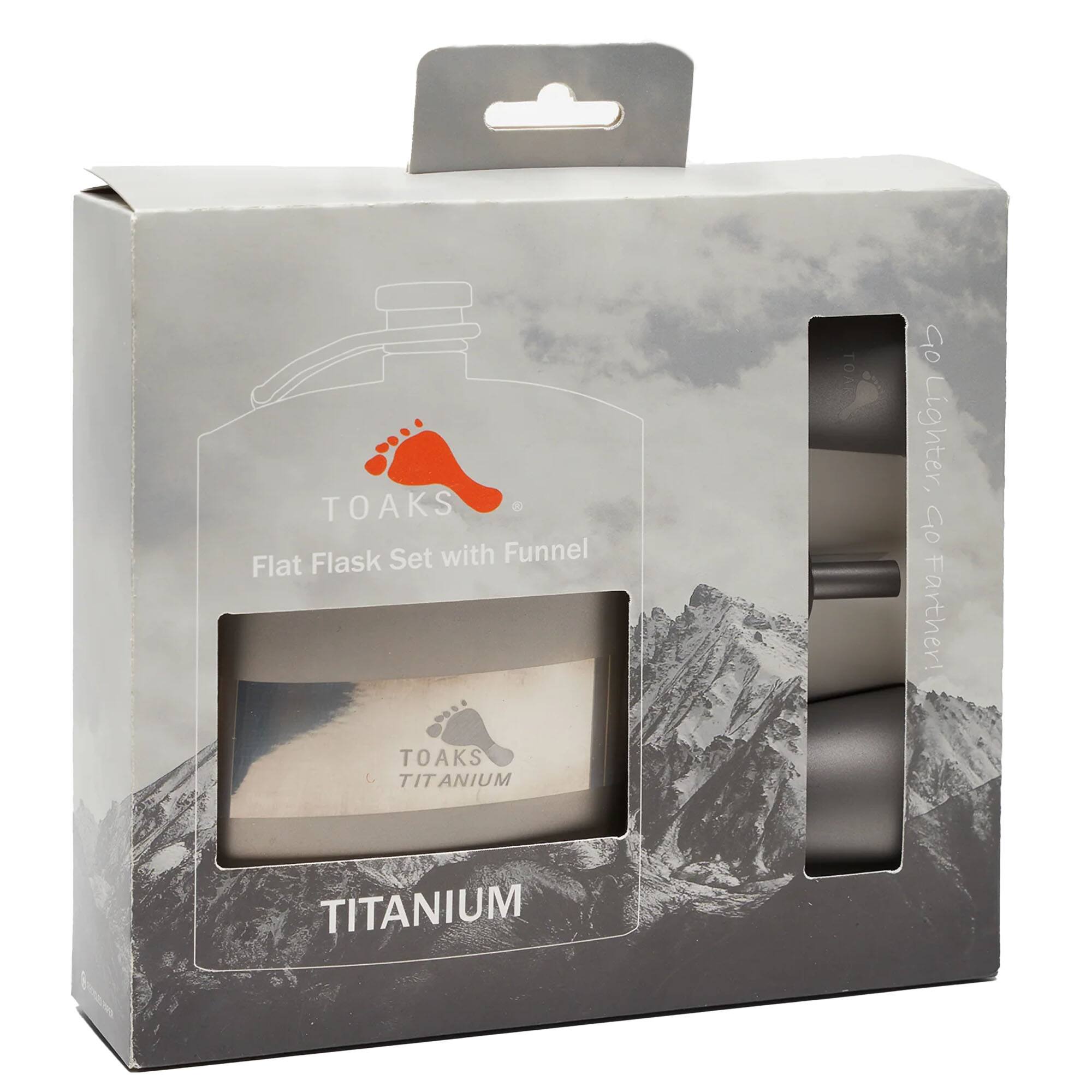 TOAKS Titanium Flat Flask Set with Funnel  
TOAKS Titanium Lighter, Farther!