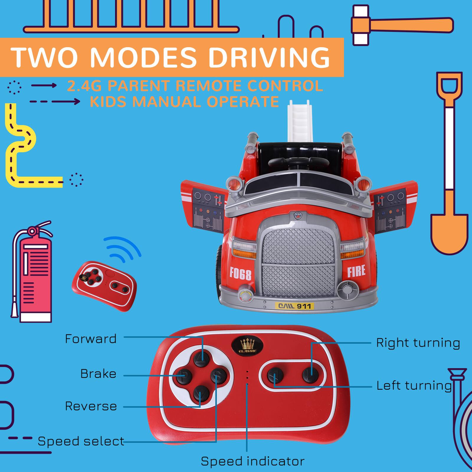 TWO MODES DRIVING CONTROL

- 2.4G PARENT REMOTE CONTROL
- KIDS MANUAL OPERATE

Forward
Brake
Reverse
Speed select
Speed indicator
Right turning
Left turning

FIRE
CALL 911