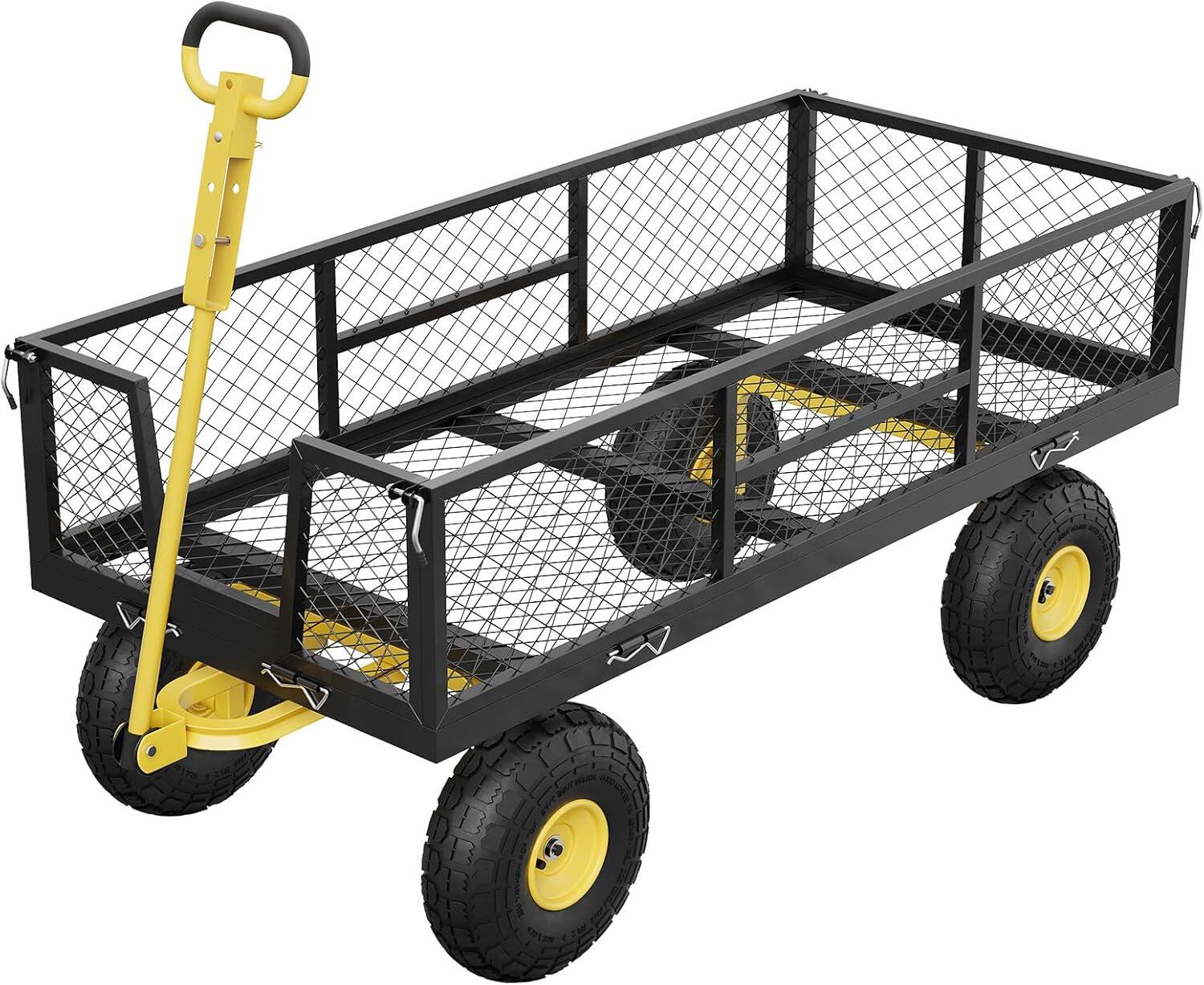 Front. Acekool - 900 LBS Heavy Duty Garden Cart with Convertible Handle, 10" Pneumatic Tires, Removable Sides Utility Wagon, Yellow - Yellow.