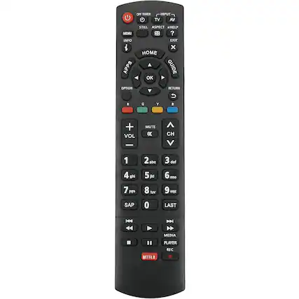 Sure, here is the corrected and grouped text from the image:
**Top Row:**
- OFF TIMER
- STILL
- MENU
- INFO
- eHELP
- EXIT
**Second Row:**
- INPUT
- TV
- AV
- ASPECT
- GUIDE
**Third Row:**
- HOME
- OK
- RETURN
**Fourth Row:**
- OPTION
- R
- G
- B
- Y
**Fifth Row:**
- VOL
- MUTE
- CH
**Number Pad:**
- 1
- 2 abc
- 3 def
- 4 ghi
- 5 jkl
- 6 mno
- 7 pqrs
- 8 tuv
- 9 wxyz
- 0
- LAST
**Bottom Row:**
- SAP
- MEDIA PLAYER
- REC
- NETFLIX
**Additional Buttons:**
- + (VOL UP)
- - (VOL DOWN)
- (Play/Pause)
- (Rewind)
- (Fast Forward)
- (Stop)
- (Red)
- (Green)
- (Yellow)
- (Blue)