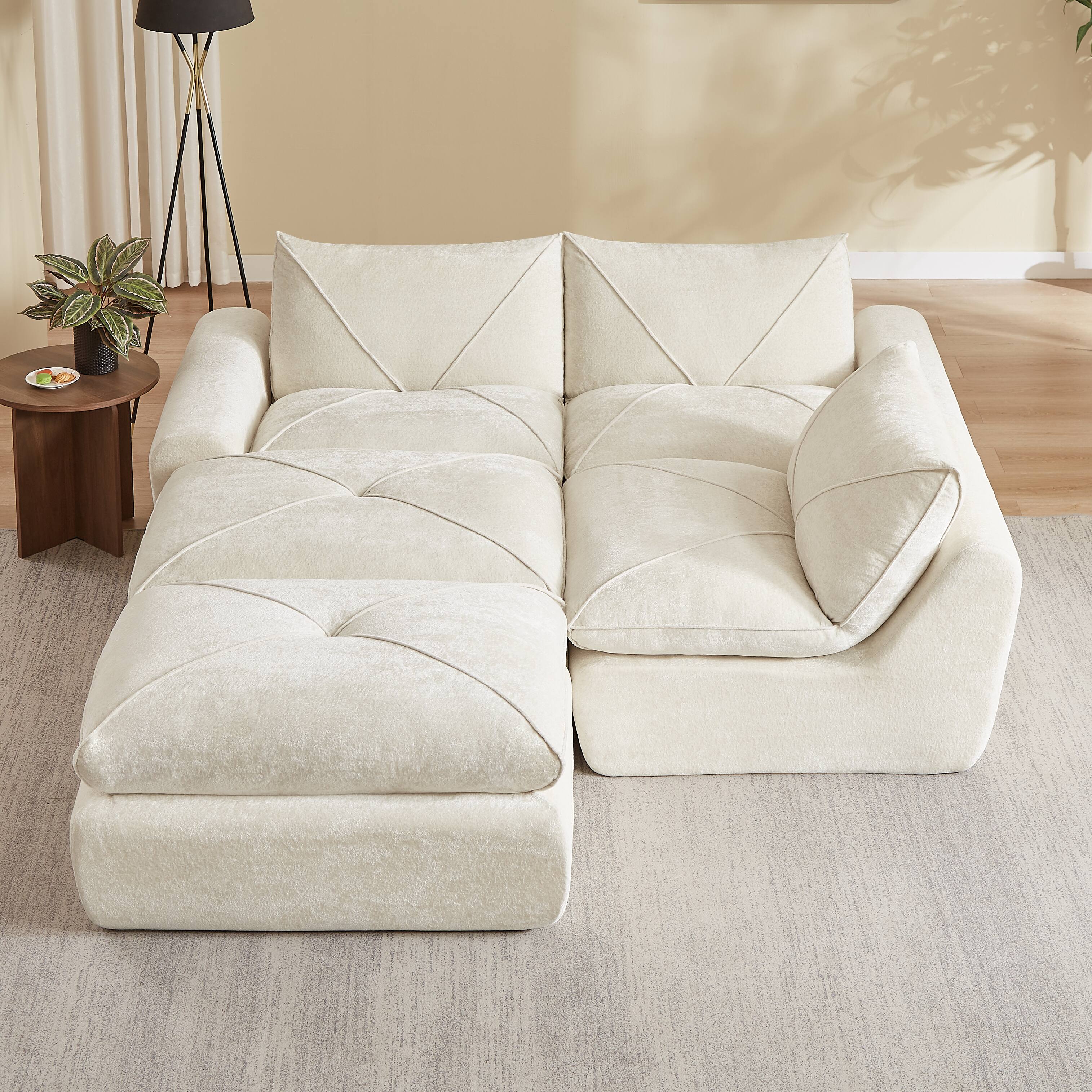 Back. Loheer - Loheer Modern Minimalist Chenille Sectional Sofa with Ottoman Spacious Living Room Combination Couch - Beige.