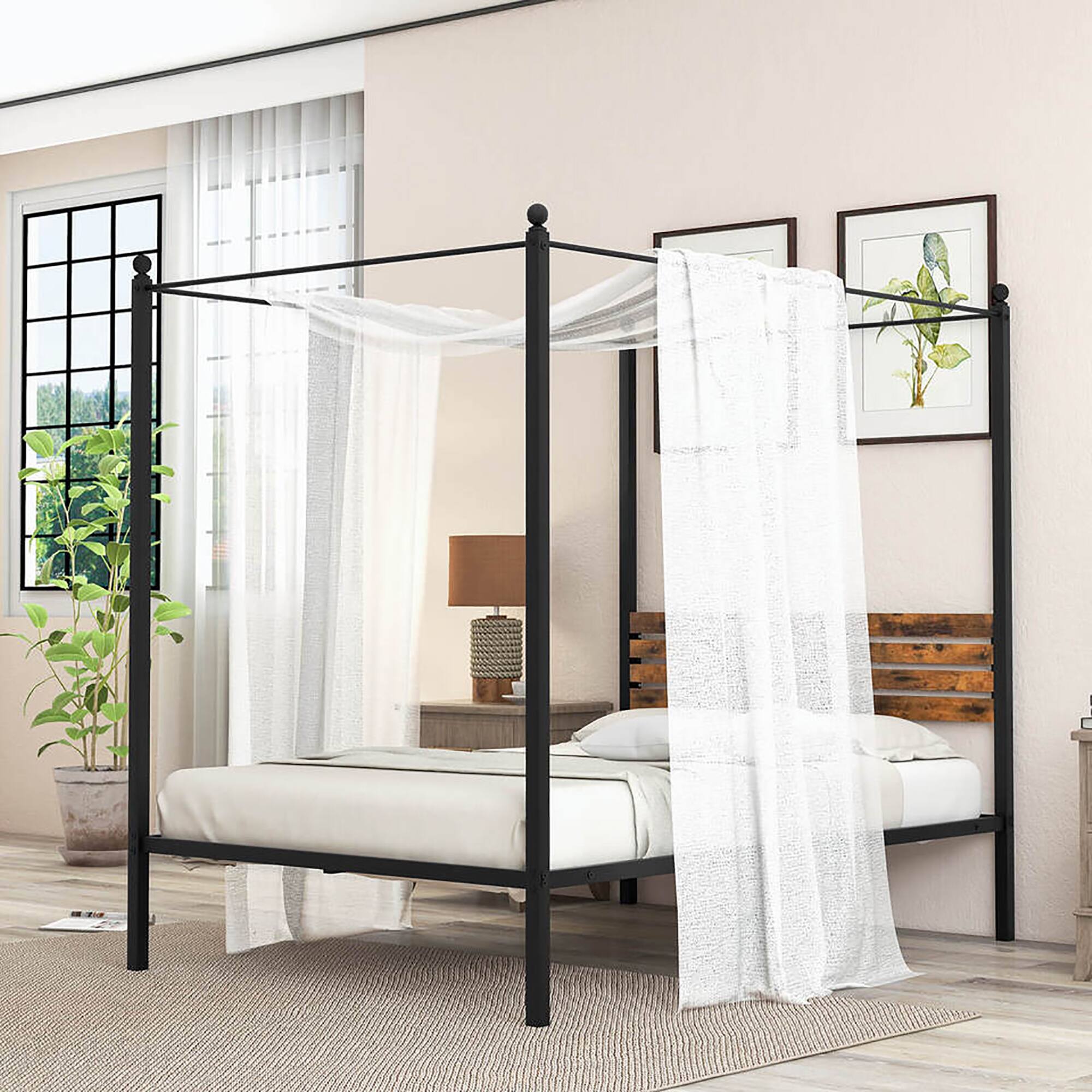 Alt View 4. Gymax - Gymax Full Size 4-Post Canopy Bed Frame Rustproof Metal Noise-free with Foot Pads - Rustic Brown, Black.