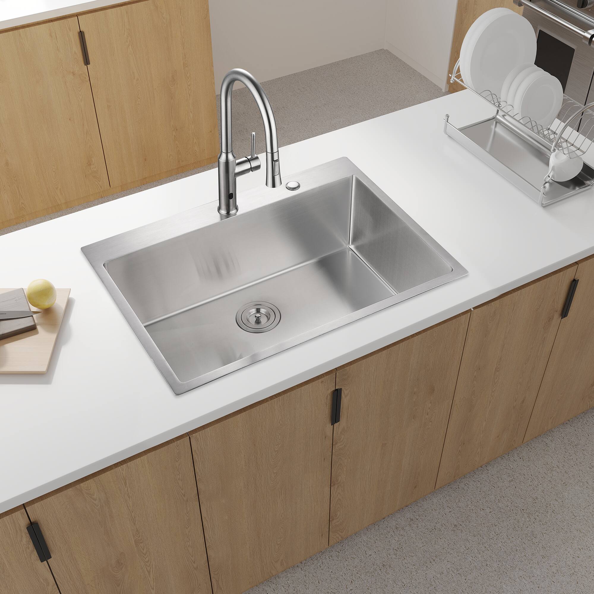 Left. Siljoy - 33x22x10"Drop-in Single Bowl Stainless Steel Kitchen Sink - Brushed Nickel.