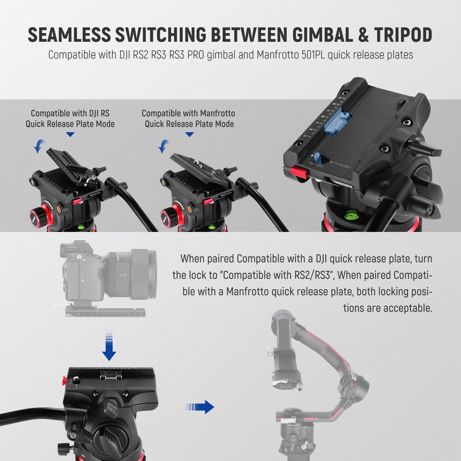 SEAMLESS SWITCHING BETWEEN GIMBAL & TRIPOD

Compatible with DJI RS2 RS3 RS3 PRO gimbal and Manfrotto 501PL quick release plates

Compatible with DJI RS Quick Release Plate Mode

Compatible with Manfrotto Quick Release Plate Mode

When paired with a DJI quick release plate, turn the lock to "Compatible with RS2/RS3". When paired with a Manfrotto quick release plate, both locking positions are acceptable.