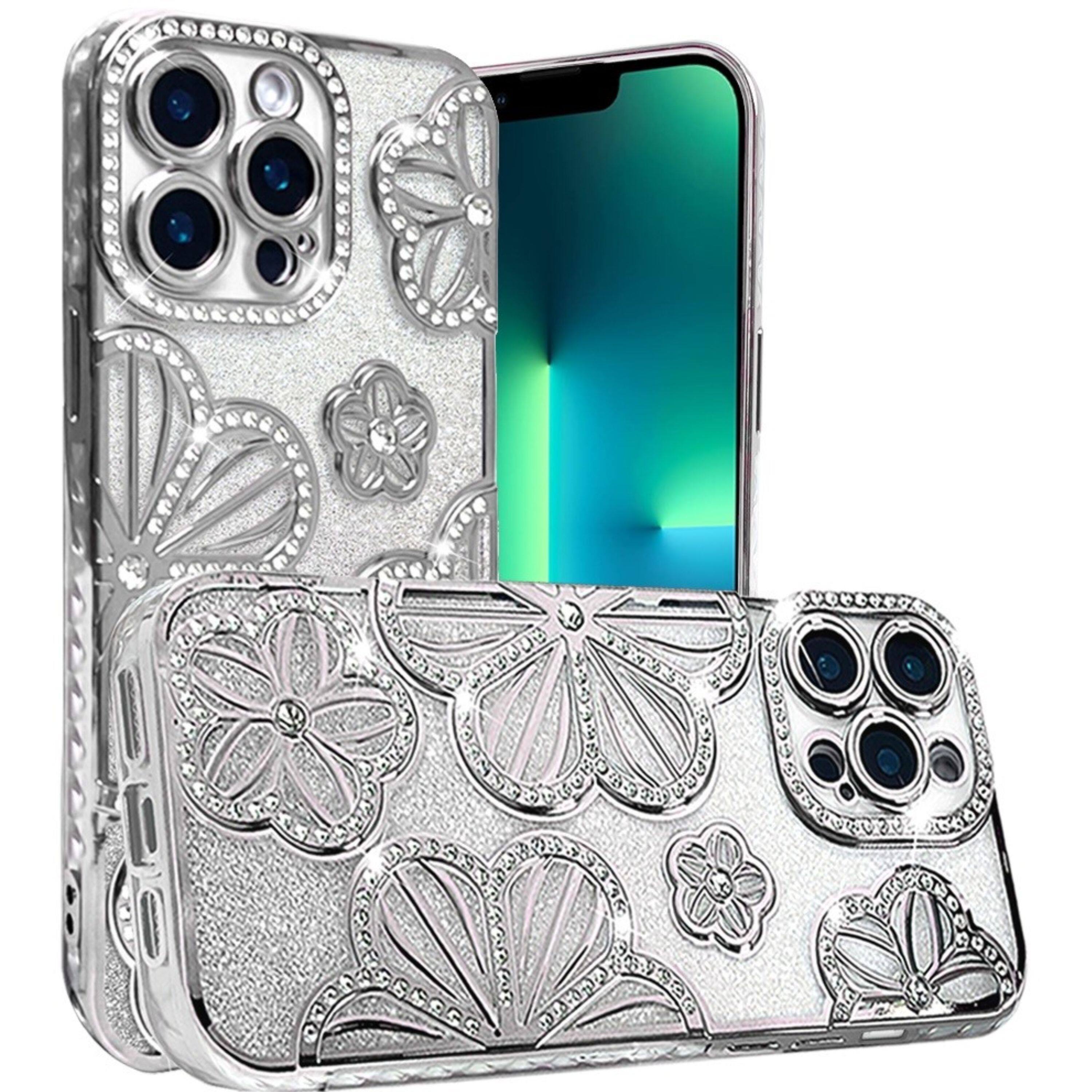 Angle. Kitcheniva - Bling Floral Case With 3D Rhinestone Glitter Cover For iPhone 13 Pro Max Silver - Silver.