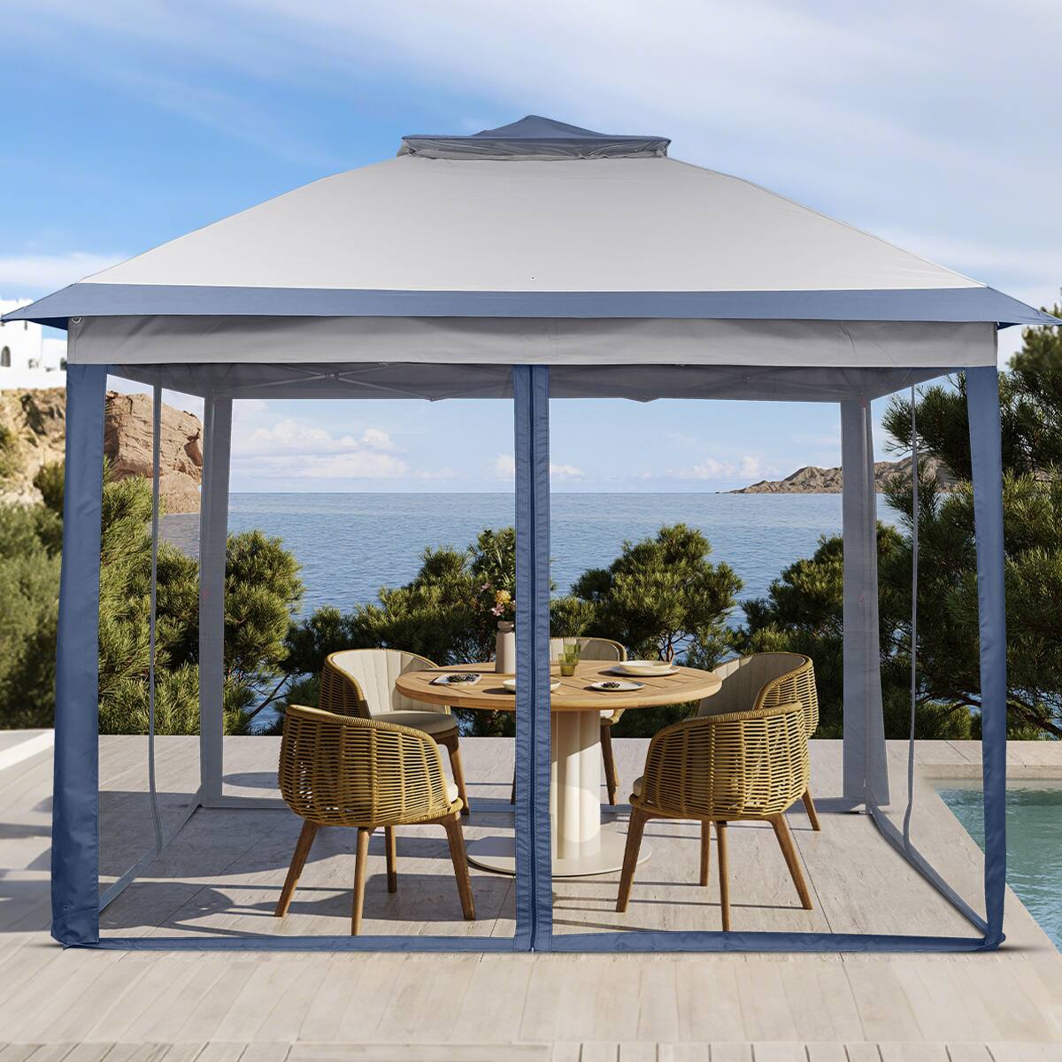 Alt View 1. Ainfox - Ainfox 11x11FT Pop Up Canopy Tent with Mesh Netting,Portable Carry Bag,Stakes & Ropes,Outdoor Gazebo - Blue.