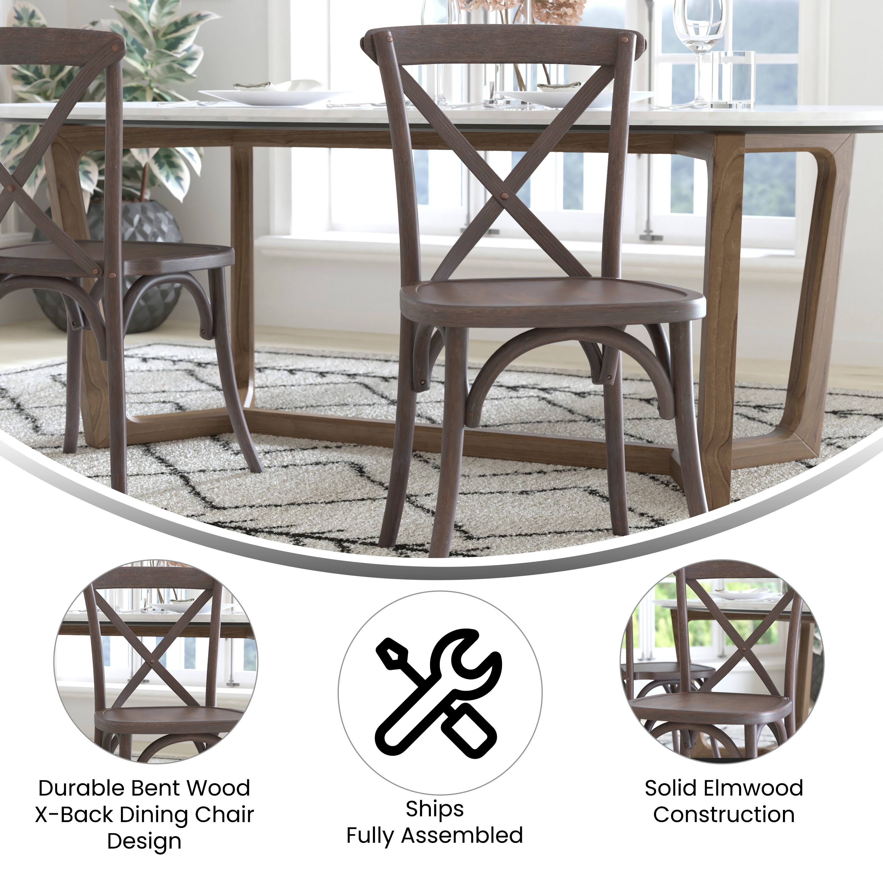 Durable Bent Wood X-Back Dining Chair Design  
Ships Fully Assembled  
Solid Elmwood Construction