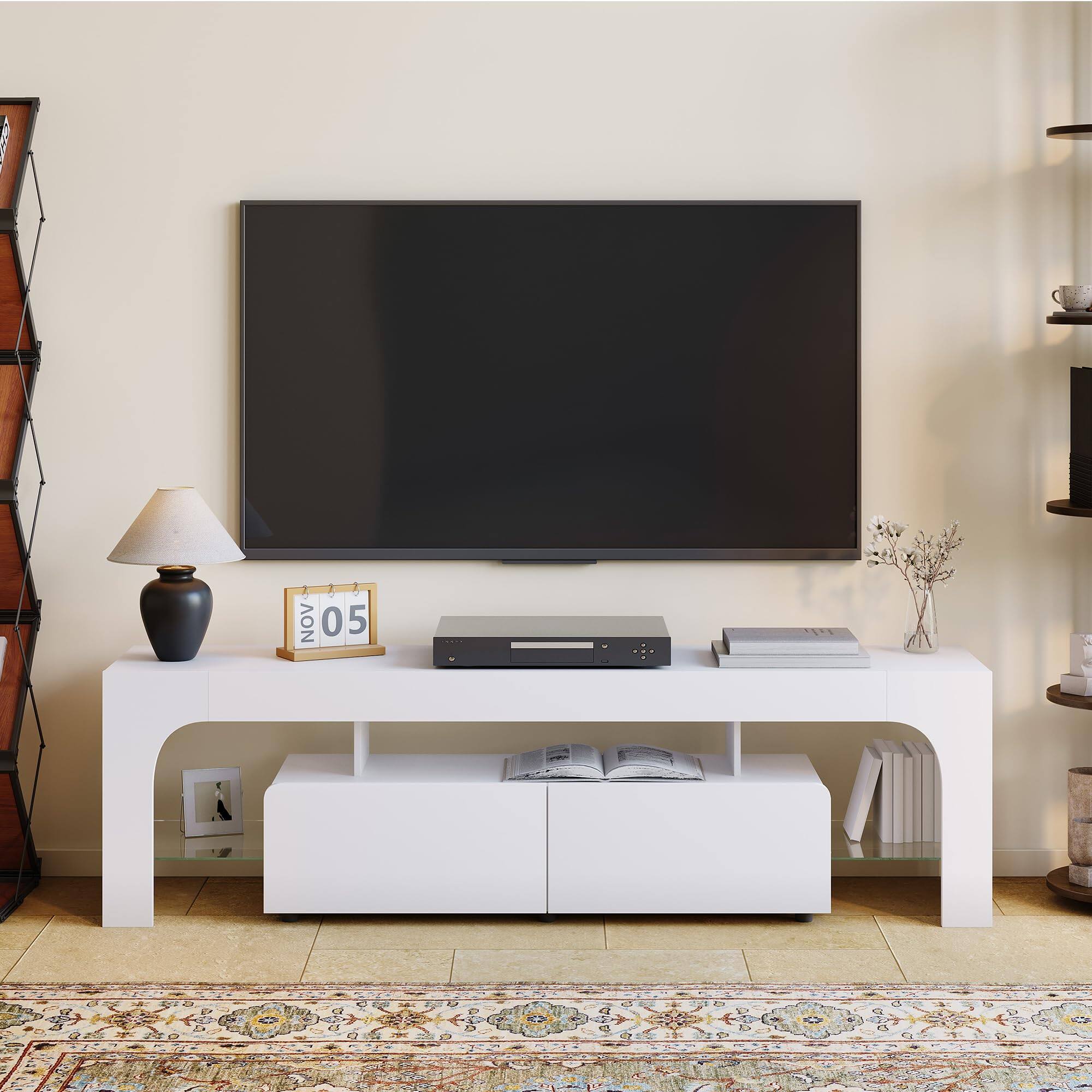 Back. GAOMON - GAOMON 63" Modern LED TV Stand for 70" TVs, Entertainment Center with RGB Light, Adjustable Glass Shelves & Drawers - White.