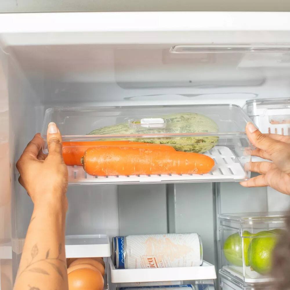 Alt View 4. OU - OU Fridge Organizer Bin with Vented Lid, Stackable Refrigerator Storage Bin, 11.8" Depth, 4 Pack - Clear.