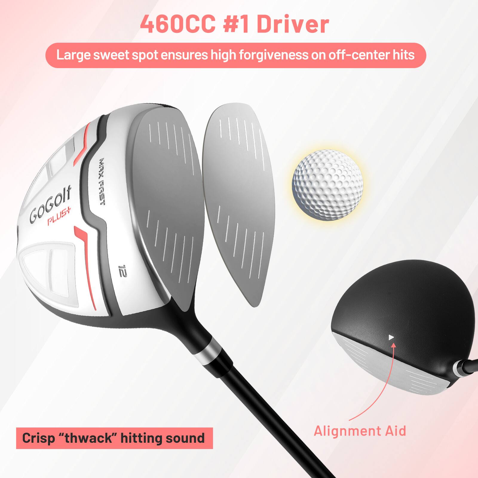 460CC #1 Driver  
Large sweet spot ensures high forgiveness on off-center hits  
Crisp "thwack" hitting sound  
Alignment Aid