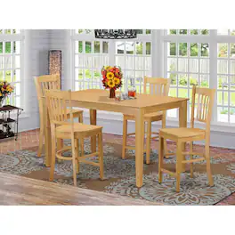 East West Furniture - 5 PC counter height pub set - high top Table and 4 counter height Chairs - Oak