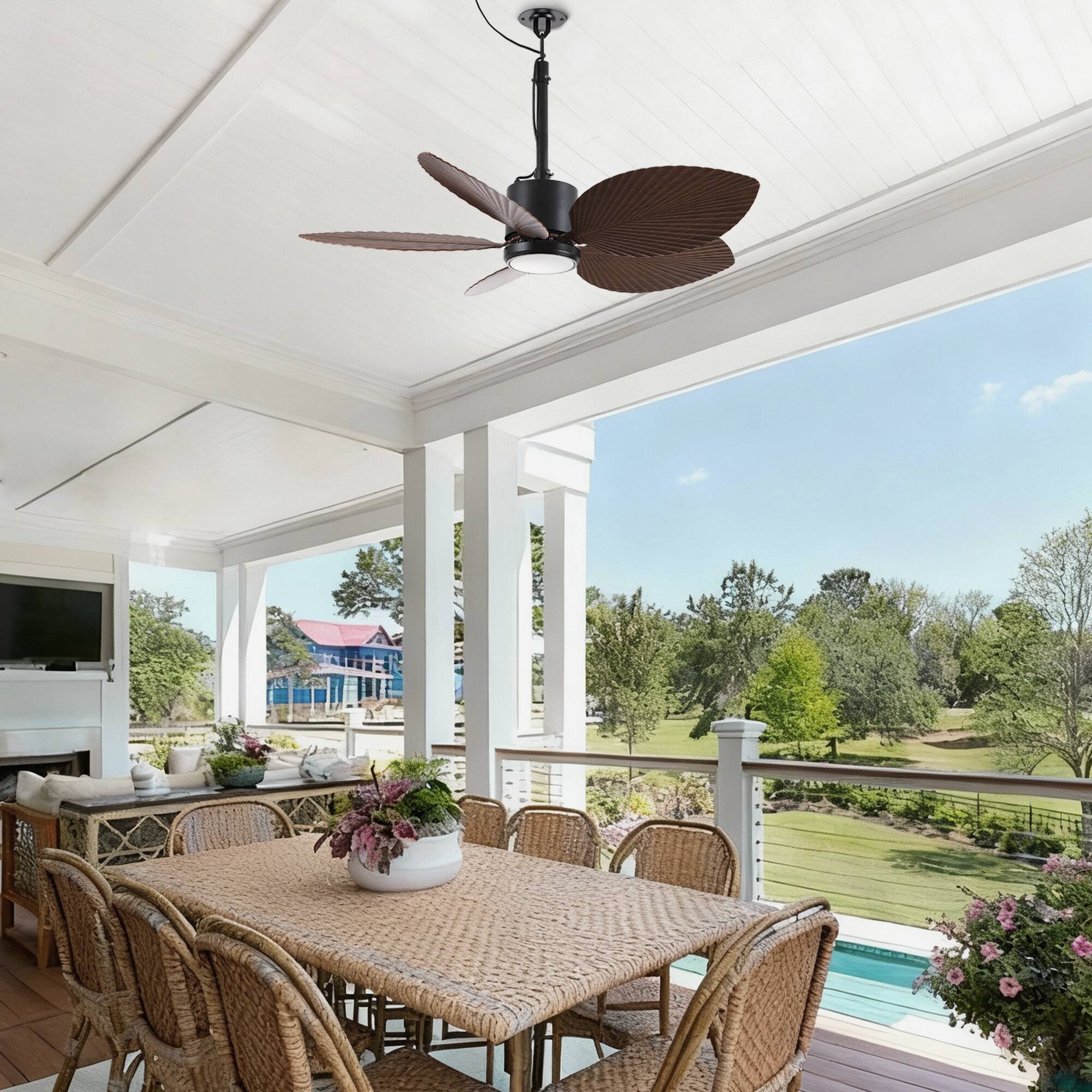 Left. Parrot Uncle - 42" Tropical Style Black Waterproof Outdoor Gazebo LED Ceiling Fan with Light, Hook Downrod and Tropical Palm Leaf - Black.