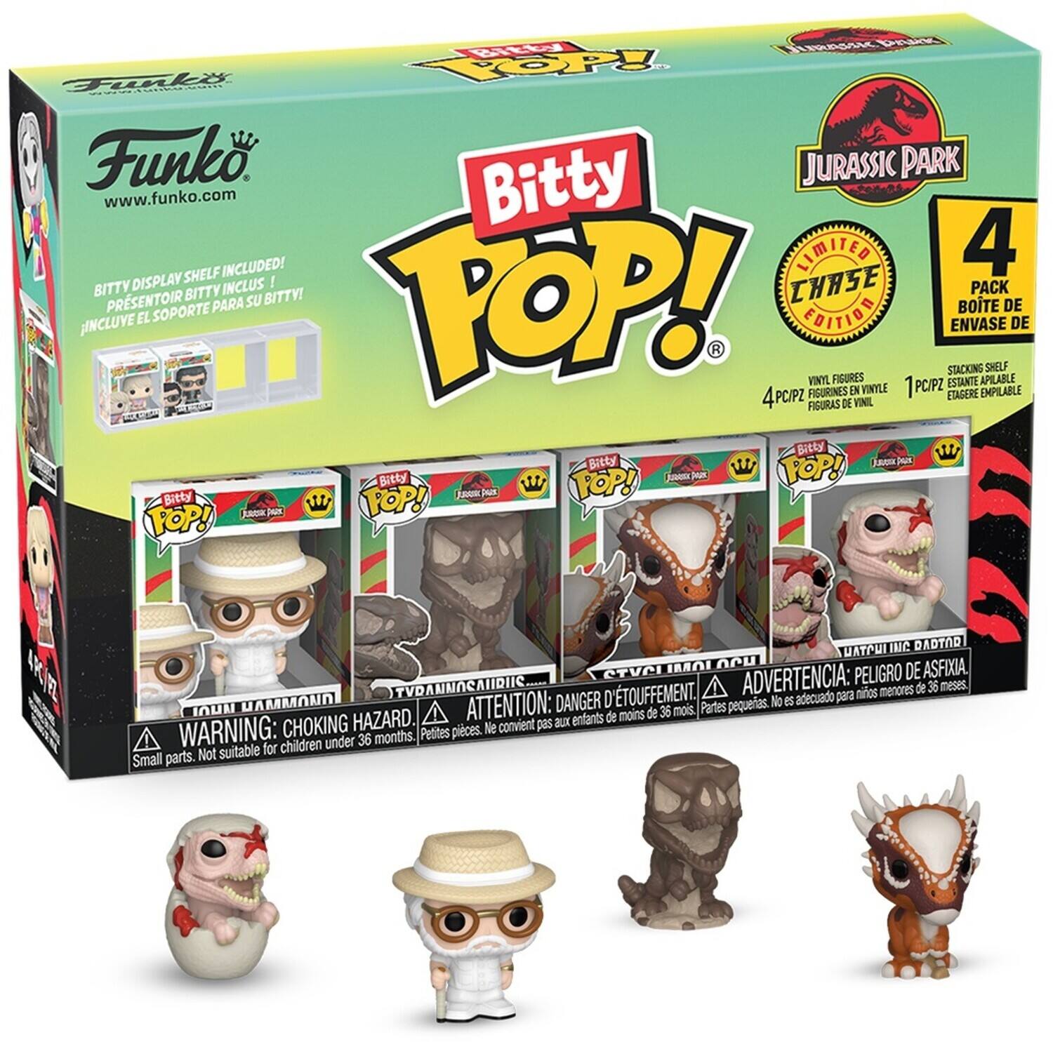 Funko  
www.funko.com  

Bitty POP!  
Jurassic Park  

Limited Chase Edition  

4 Pack  
Boîte de 4  
4PC/PZ  
Figuras de Vinil  
Vinyl Figures  
Figurines en Vinyle  

Bitty Display Shelf Included!  
Presentoir Bitty Inclus!  
Incluye el Soporte para su Bitty!  
Boîte de Support Empilable  

WARNING: CHOKING HAZARD  
Small parts. Not suitable for children under 36 months.  
ADVERTENCIA: PELIGRO DE ASFIXIA.  
No es adecuado para niños menores de 36 meses.  
ATTENTION: DANGER D'ÉTOUFFEMENT.  
Ne convient pas aux enfants de moins de 36 mois.