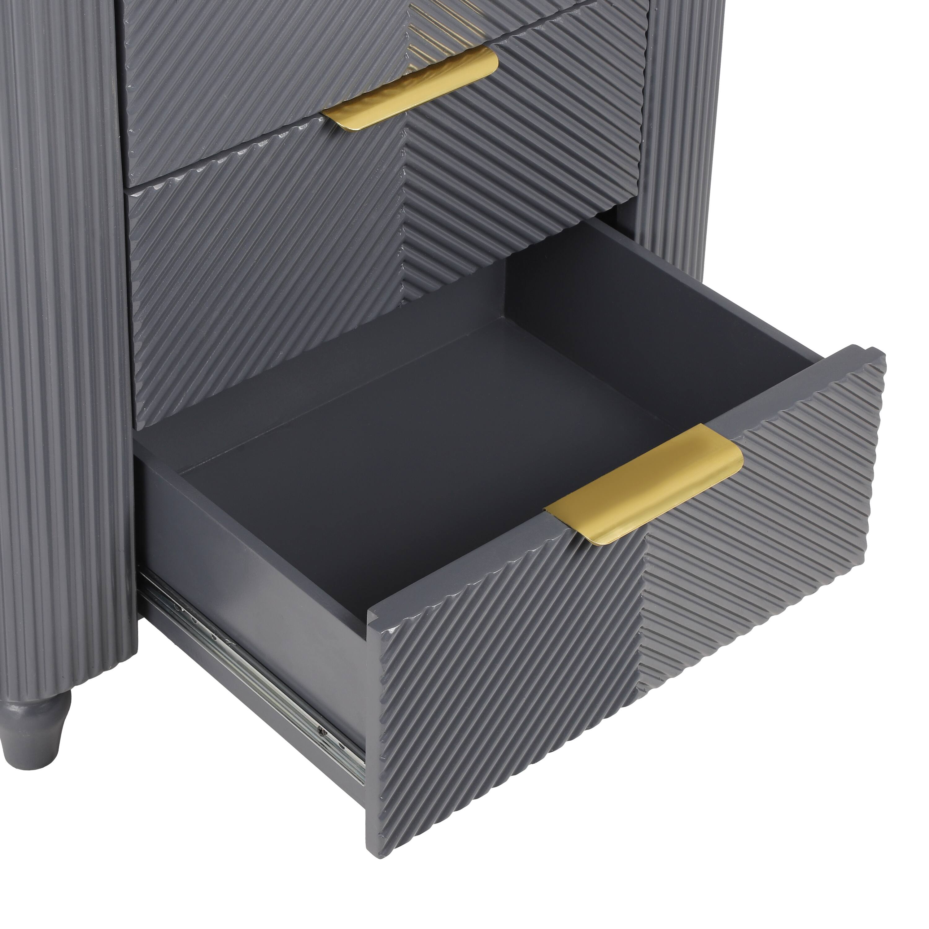 Alt View 3. Whisen - Mid-Century Fluted 3-Drawer Nightstand,Bedside Table with Curved Profile and Gold Glossy Handles - Dark Gray.