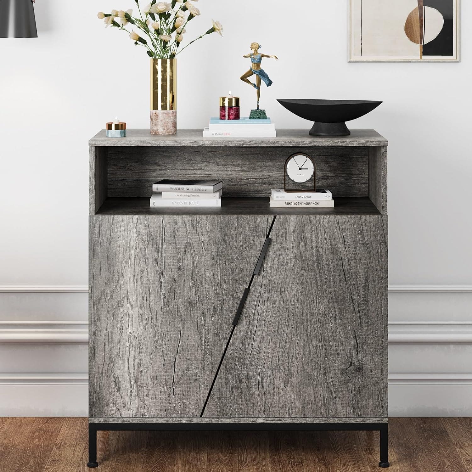 Acekool - Storage Cabinet with Doors and Shelves - Modern Buffet Cabinet with Storage, Metal Frame Oblique Door Sideboard Storage - Gray