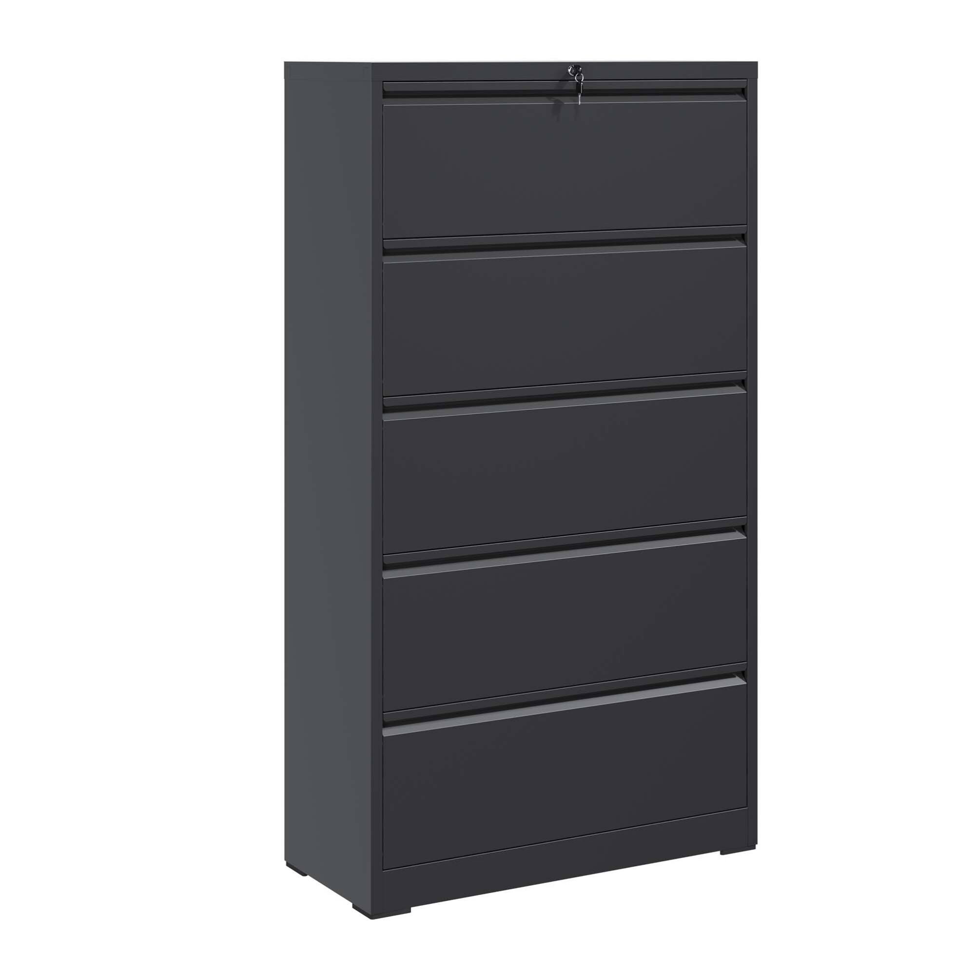 Left. GOODSILO - Steel Lateral Filing Cabinet with Locking System for Legal/Letter Files - 5 Drawers - Black.