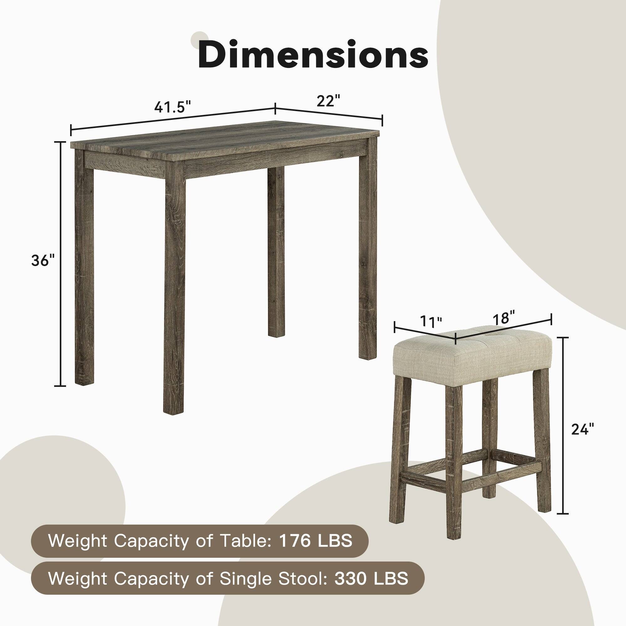 Dimensions: 41.5" x 22" x 36"  
Weight Capacity of Table: 176 LBS  
Weight Capacity of Single Stool: 330 LBS