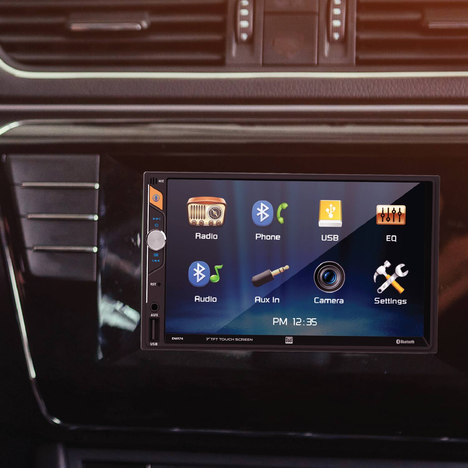 MIC  
0  
Radio  
Phone  
USB  
EQ  
OF  
RST  
Audio  
Aux In  
Camera  
Settings  
AUX  
PM 12:35  
USB  
DMR74  
7" TFT TOUCH SCREEN  
Bluetooth