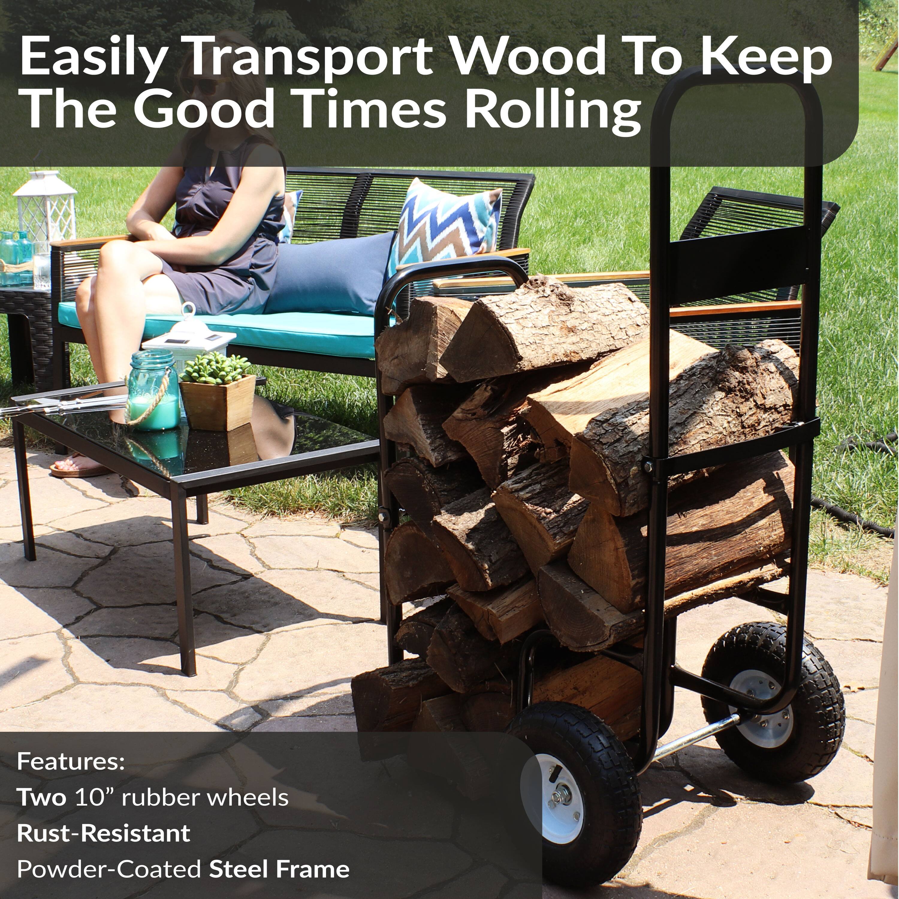 Easily Transport Wood To Keep The Good Times Rolling

Features:
- Two 10" rubber wheels
- Rust-Resistant Powder-Coated Steel Frame