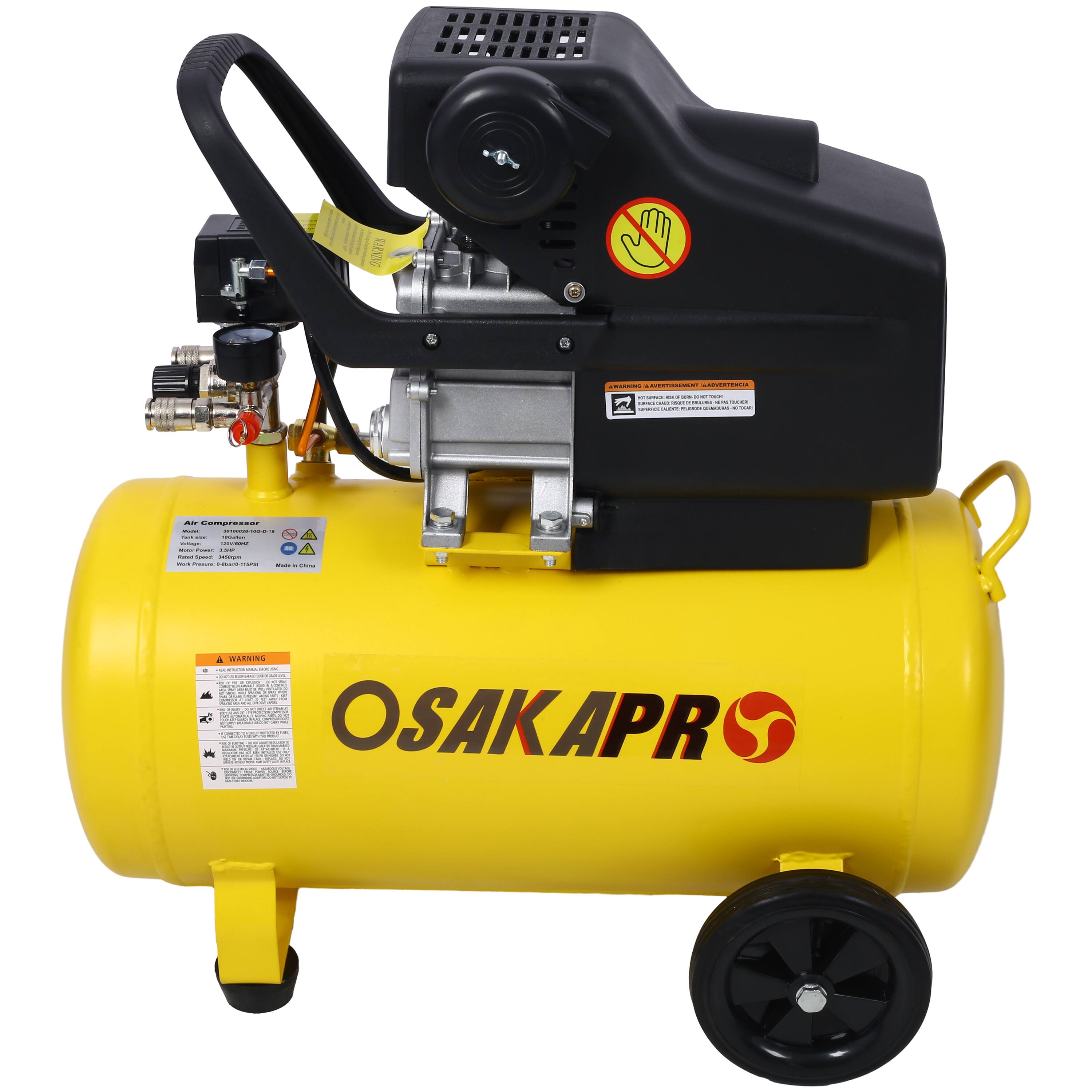 OSAKAPRO

Air Compressor

Air Capacity: 10.5 CFM @ 90 PSI
Motor Power: 1 HP
Max Pressure: 175 PSI
Made in China

WARNING

SHARKING ADVISORY LABEL

OSAKAPRO