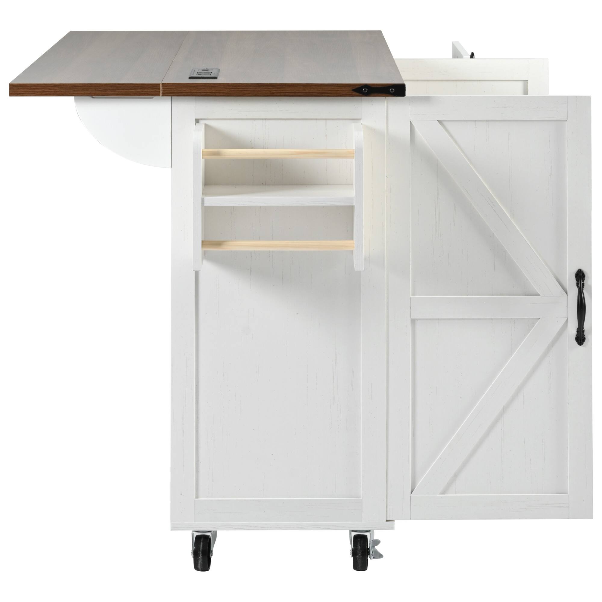Alt View 8. PexFix - 54.5" Farmhouse Kitchen Island Cart with Built-in Power Outlet, Drop Leaf and Rolling Casters - White.