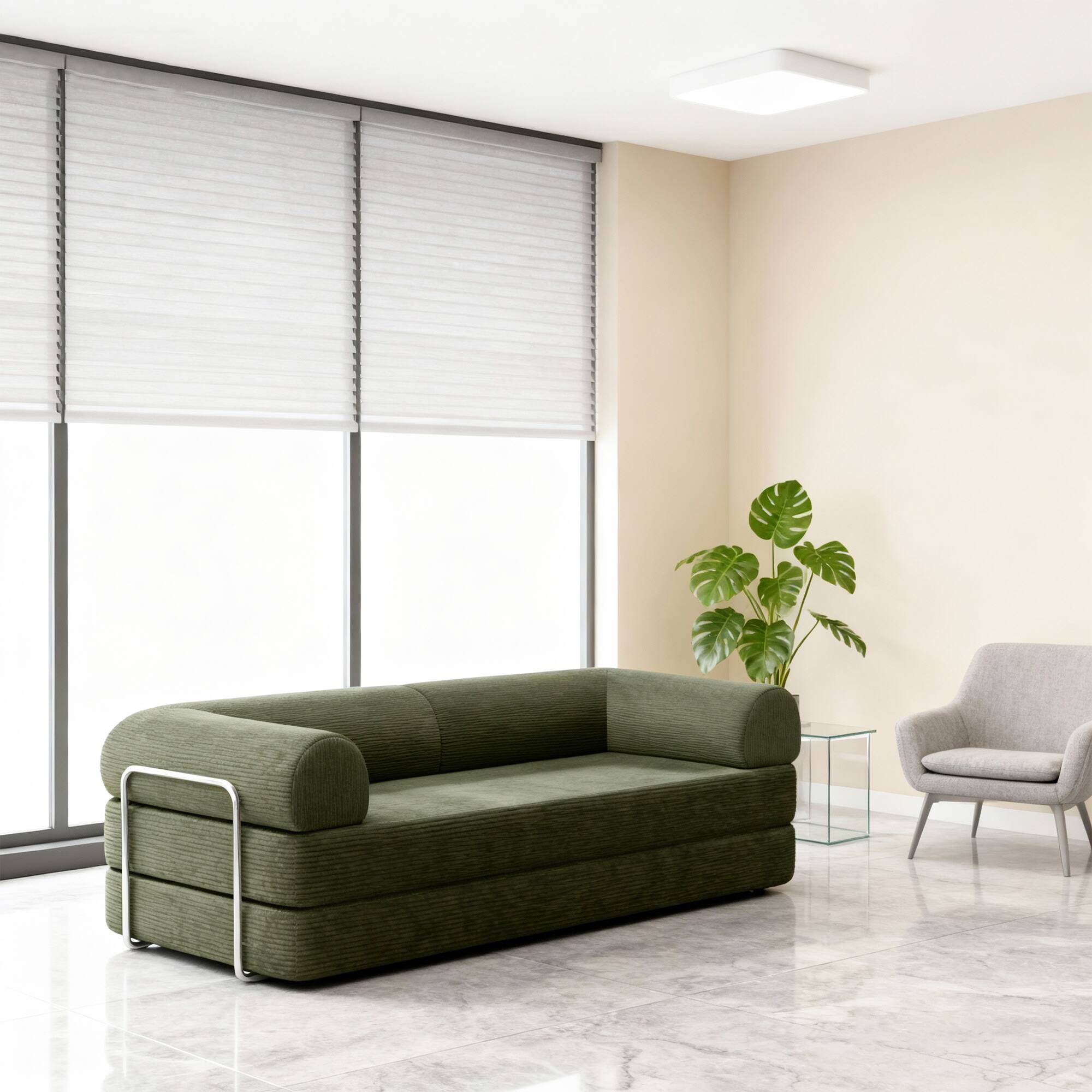 Angle. Vaczon - 79" Modular Convertible Sofa Bed with High-Density Foam and Corduroy Upholstery with Lumbar Pillow Included - Olive Green.