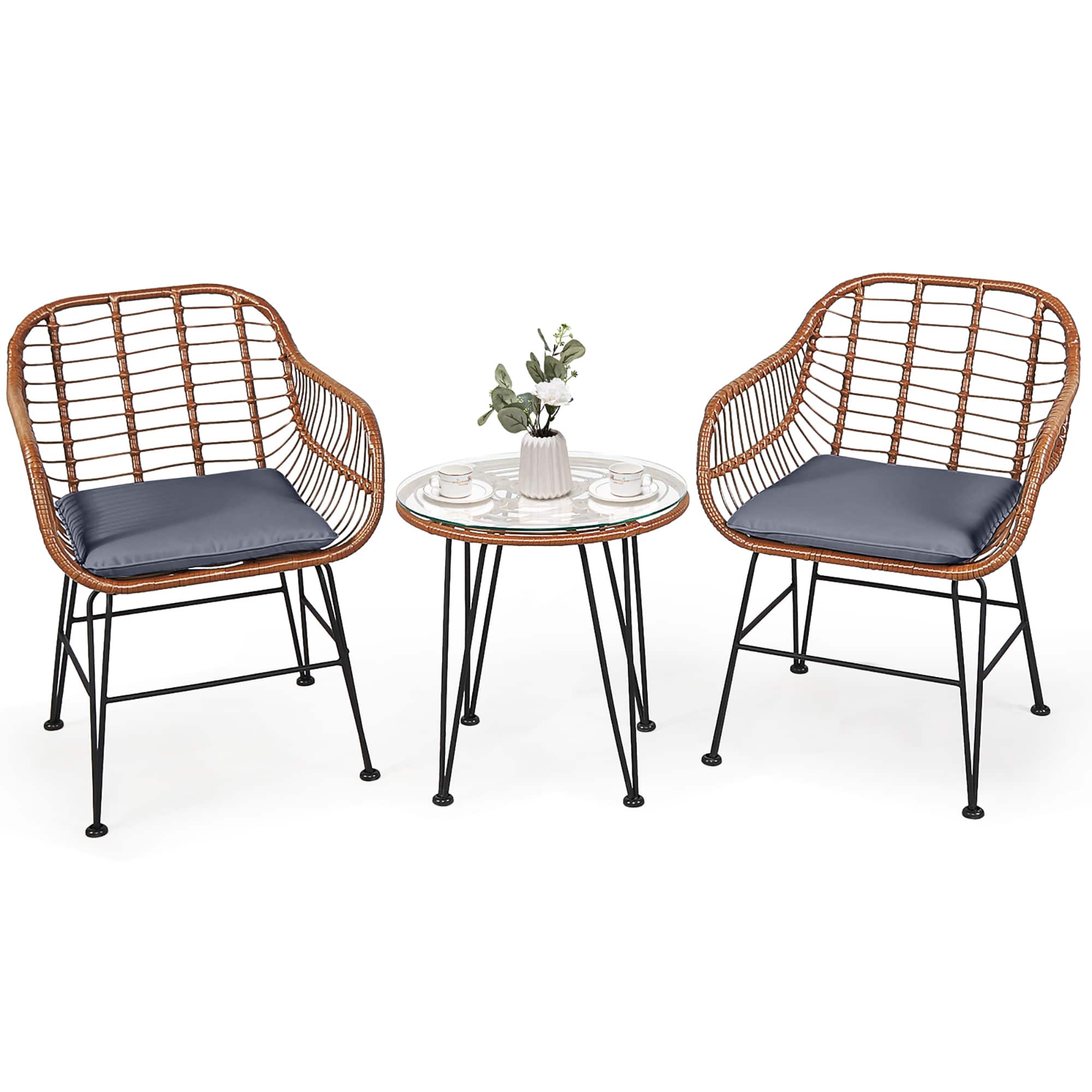 Front. Costway - 3PCS Patio Rattan Bistro Set Coffee Table Armchair Garden Cushion - Gray.