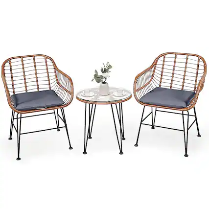 Front. Costway - 3PCS Patio Rattan Bistro Set Coffee Table Armchair Garden Cushion - Gray.