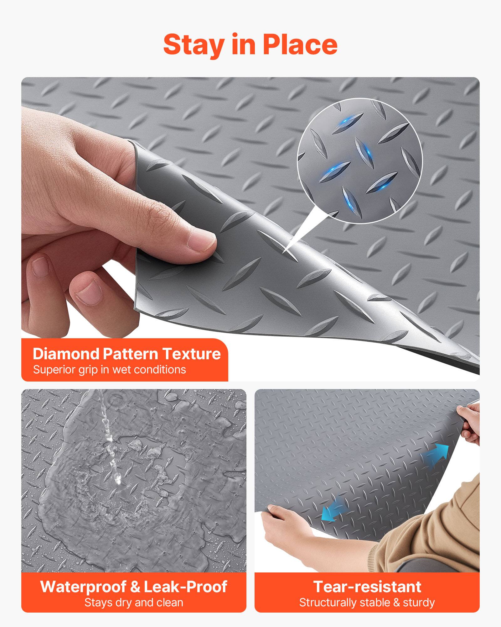 Stay in Place

Diamond Pattern Texture  
Superior grip in wet conditions

Waterproof & Leak-Proof  
Stays dry and clean

Tear-resistant  
Structurally stable & sturdy