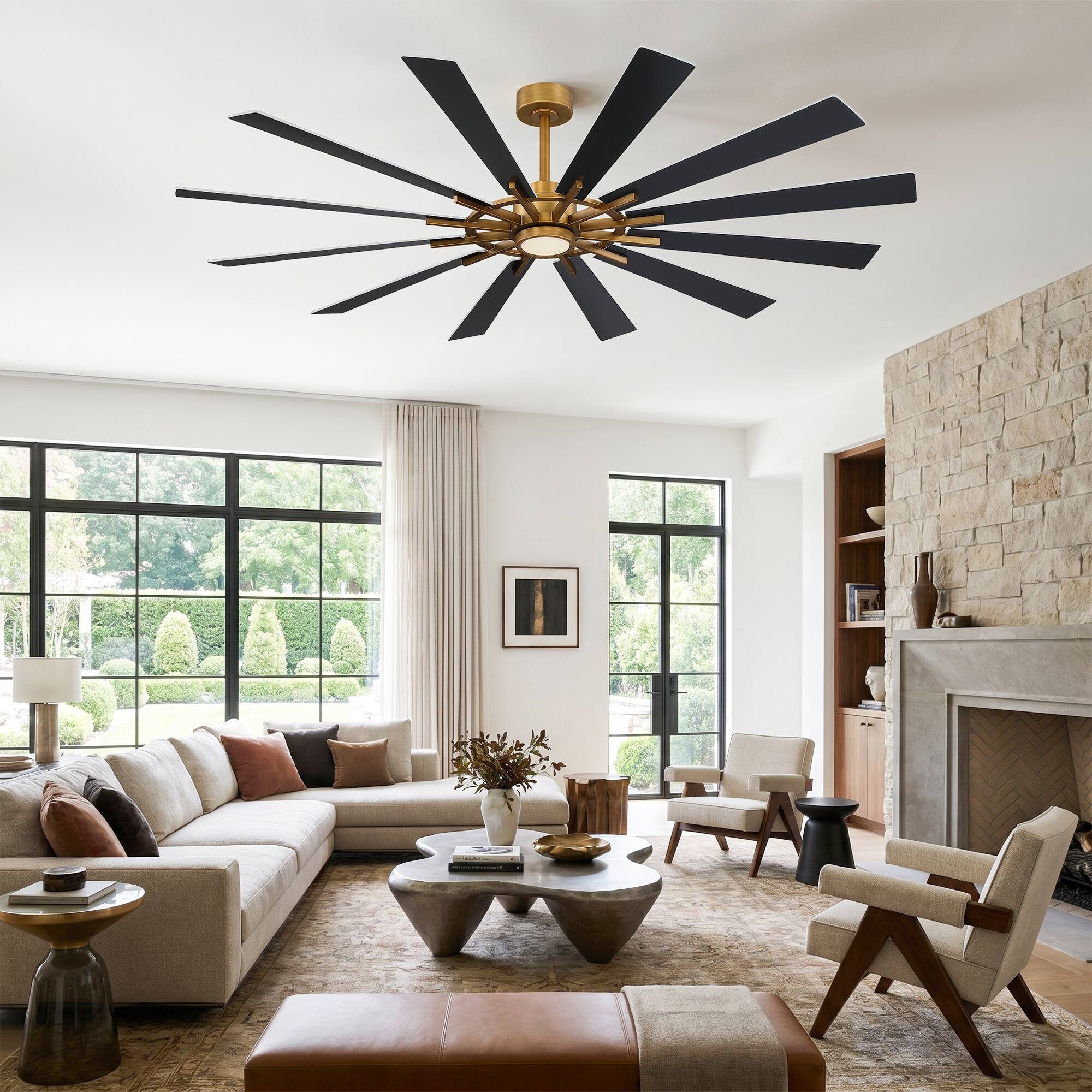 Left. Parrot Uncle - 72" Large Farmhouse Reversible Windmill Ceiling Fan, 12-Blade with Dimmable LED and 6-Speed Remote - Gold.