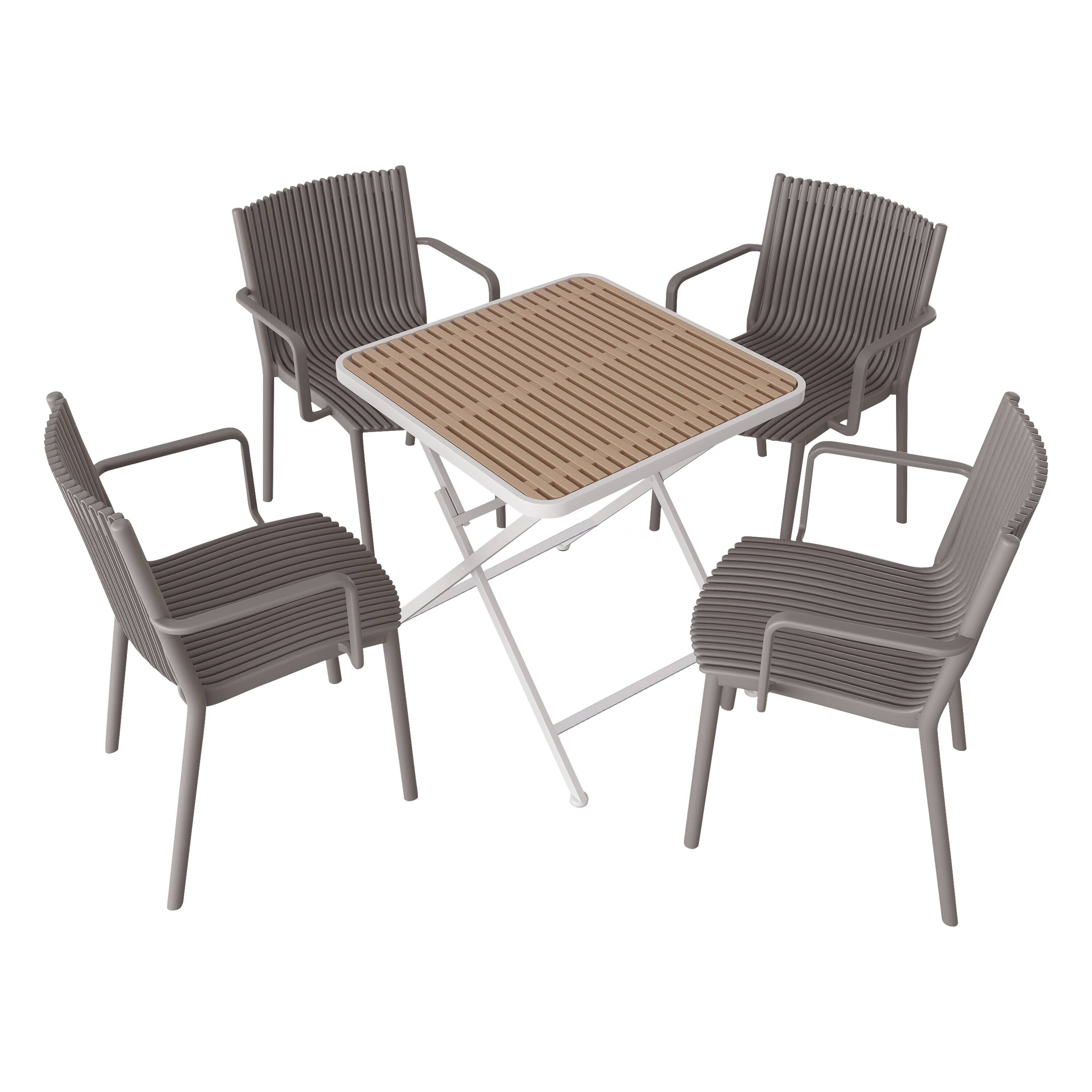 Front. Mondawe - 5-Piece Outdoor Dining Set – Square Folding Table with 4 Stackable PP Armchair - Grey+White.