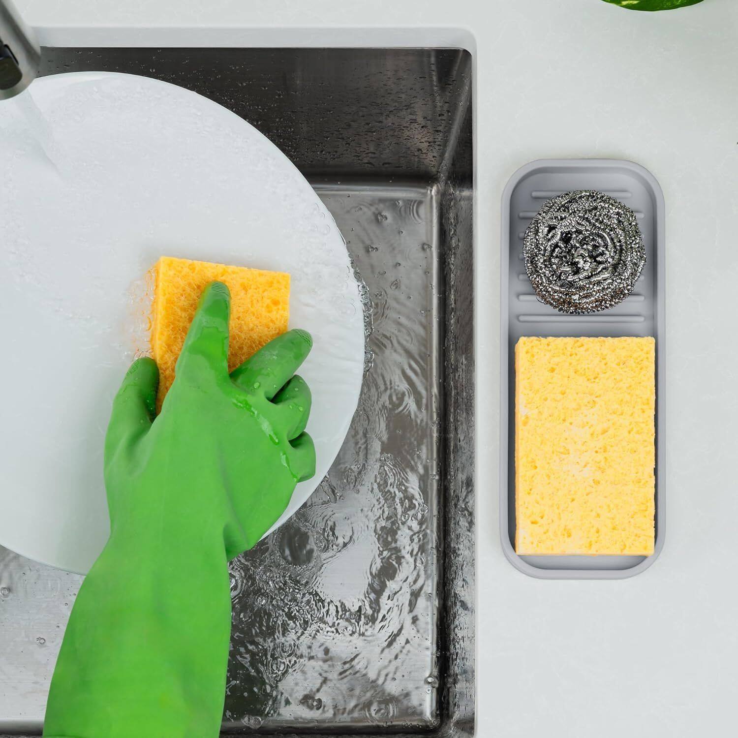Angle. Zulay Kitchen - Zulay Kitchen (9x3.5) Silicone Sponge Holder for Kitchen Sink - Flexible Multipurpose Soap Tray - Gray.