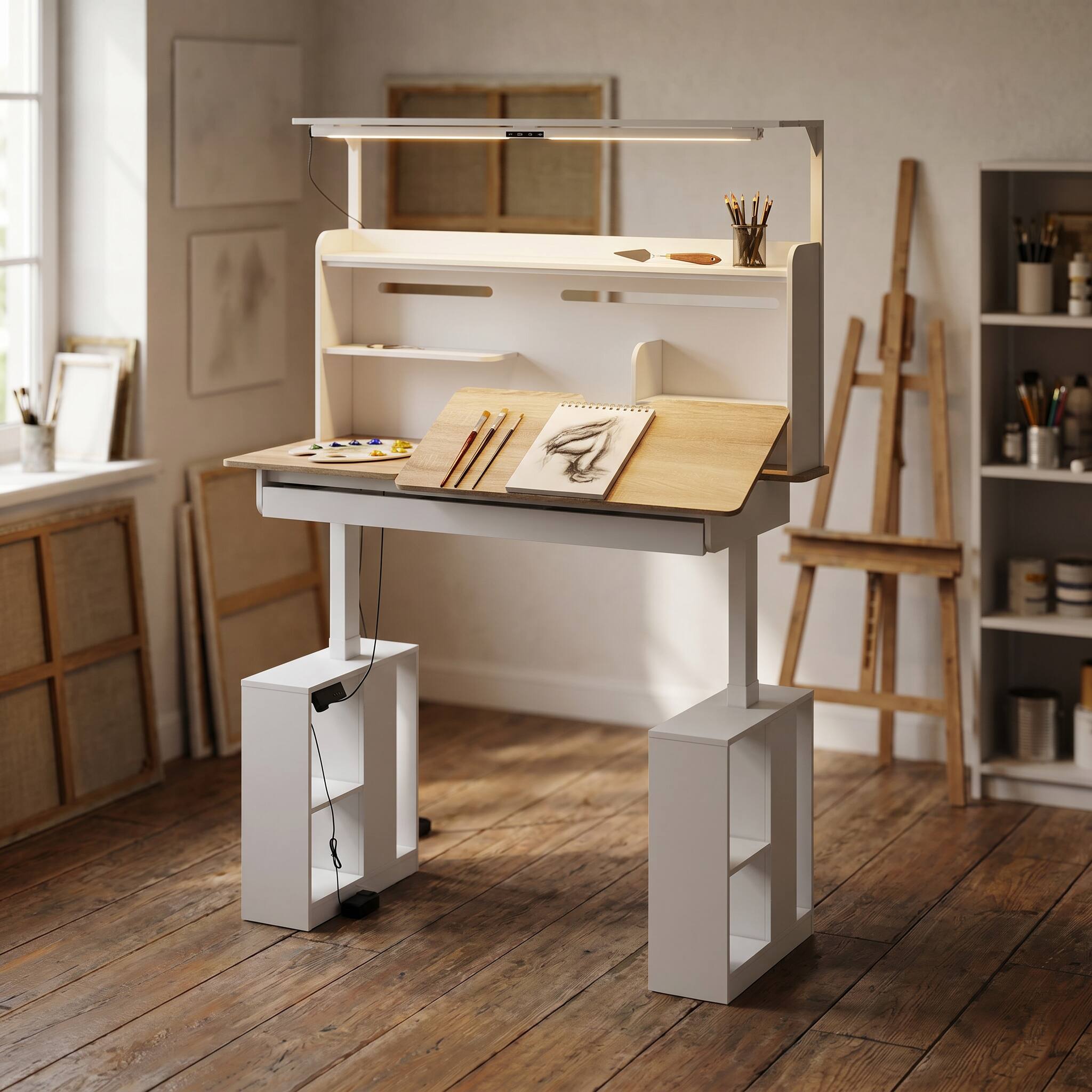 Alt View 1. Famapy - Electric Standing Desk with Flip-Up Desktop, LED Eye-Care Light, Storage, 170 LBS, 29.8"-45.3", Study Workstation - White & Wooden.