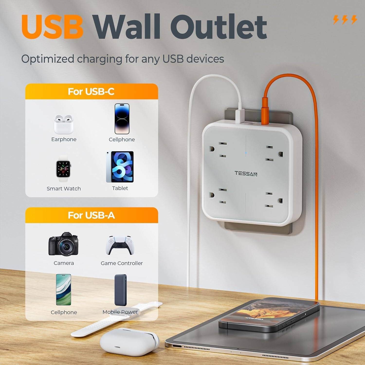 USB Wall Outlet  
Optimized charging for any USB devices  

For USB-C  
- Earphone  
- Cellphone  
- Smart Watch  
- Tablet  

For USB-A  
- Camera  
- Game Controller  
- Cellphone  
- Mobile Power Bank  

TESSAN