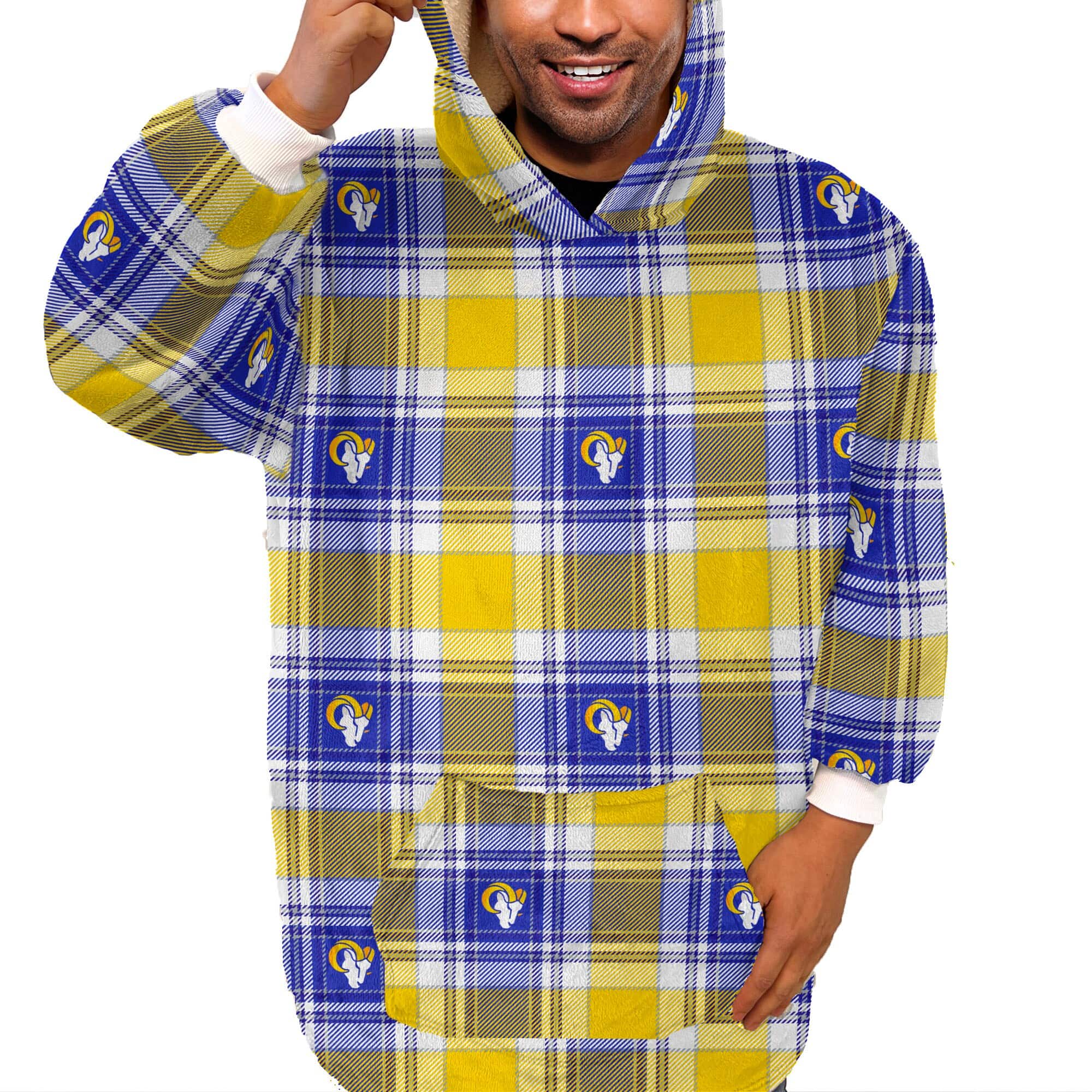 Pegasus - Los Angeles Rams Plaid Logo Box Bloncho with Sherpa Inside - Multicolor
