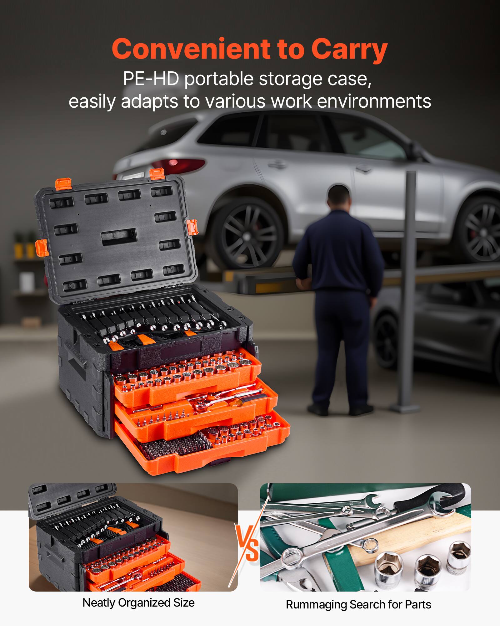 Convenient to Carry PE-HD portable storage case, easily adapts to various work environments

Neatly Organized Size

Rummaging Search for Parts